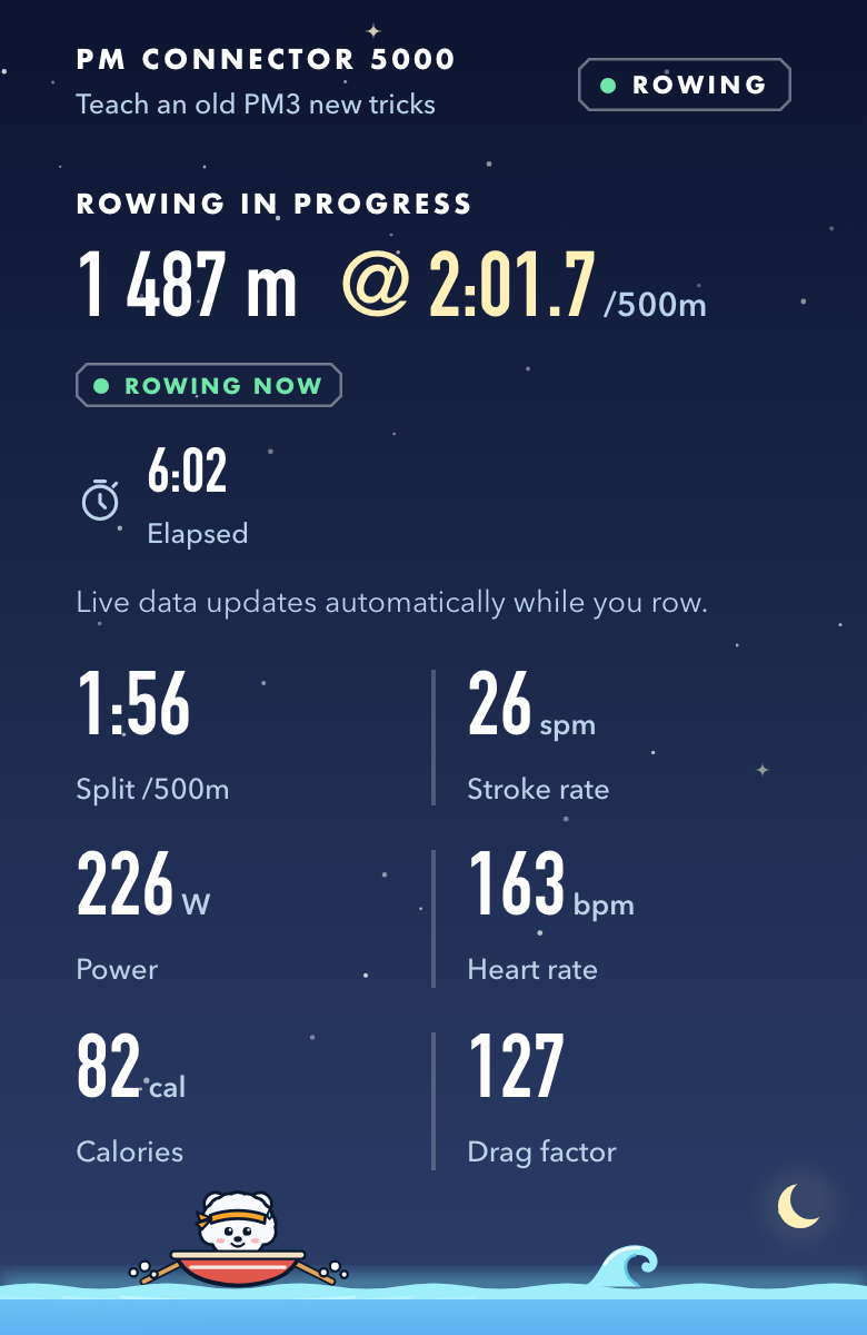Live rowing screen on the on-device dashboard, showing distance, split, stroke rate, power, heart rate and calories updating in real time.
