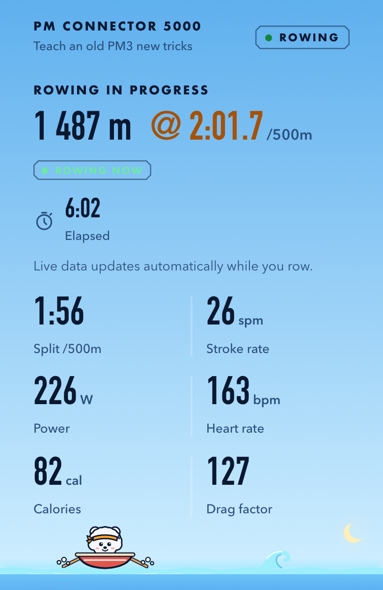 Live rowing screen on the on-device dashboard, showing distance, split, stroke rate, power, heart rate and calories updating in real time.
