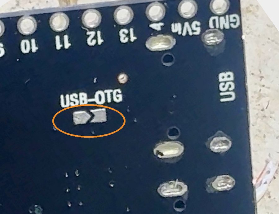 The underside of the ESP32-S3 board. Two small solder pads sit just below the silkscreen label USB-OTG, circled in orange.